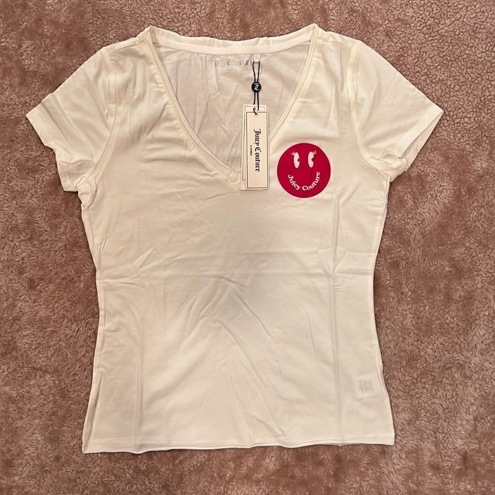 22. NWT Juicy Couture Smiley Face Emoji Cotton Modal V-Neck Tee White Women's S